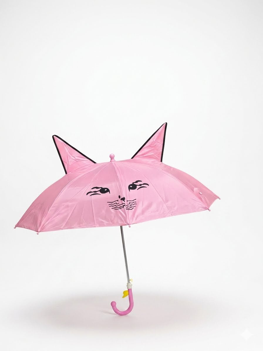 Cute Pink Cat Design 3D Ears Umbrella for Kids & Girls - Waterproof Rain & Sun Protection Umbrella with J-Handle