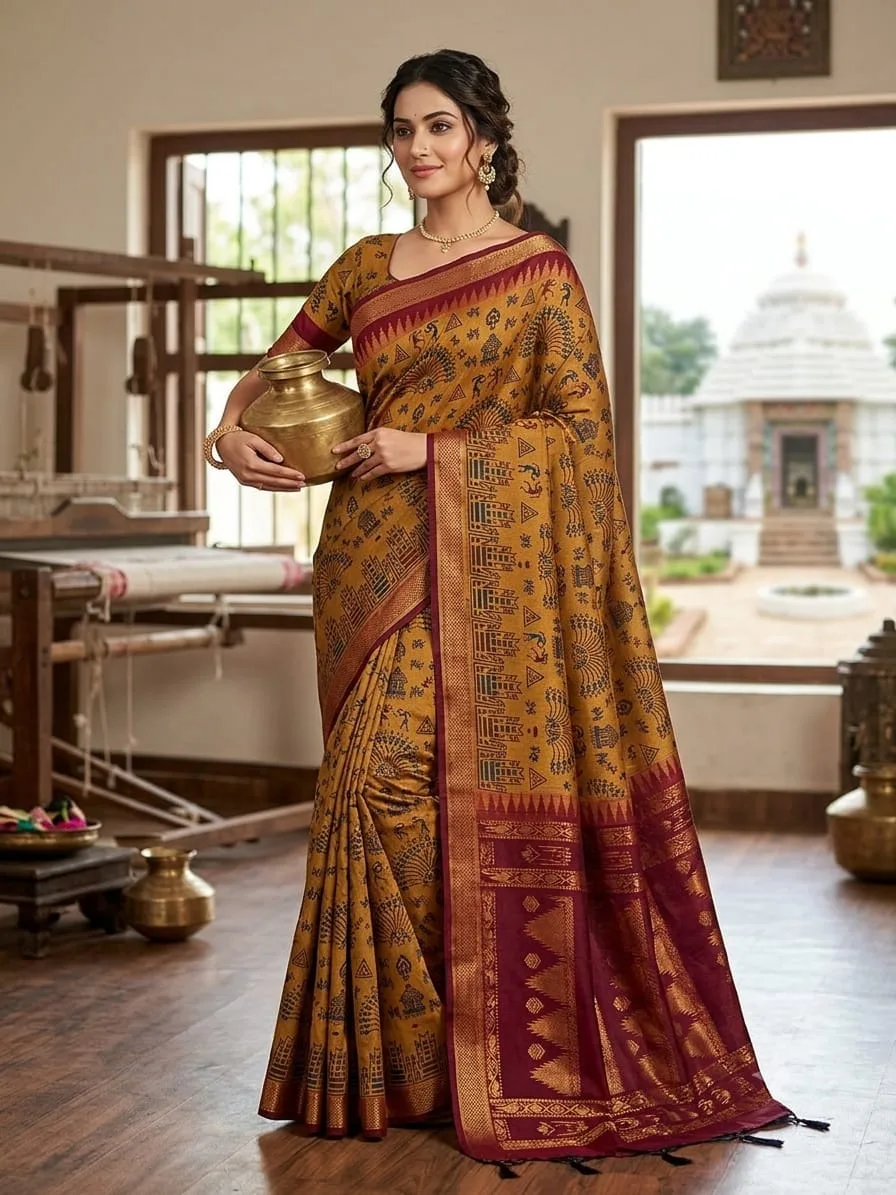 Mustard Printed Silk Blend Saree with an Unstitched Blouse Piece