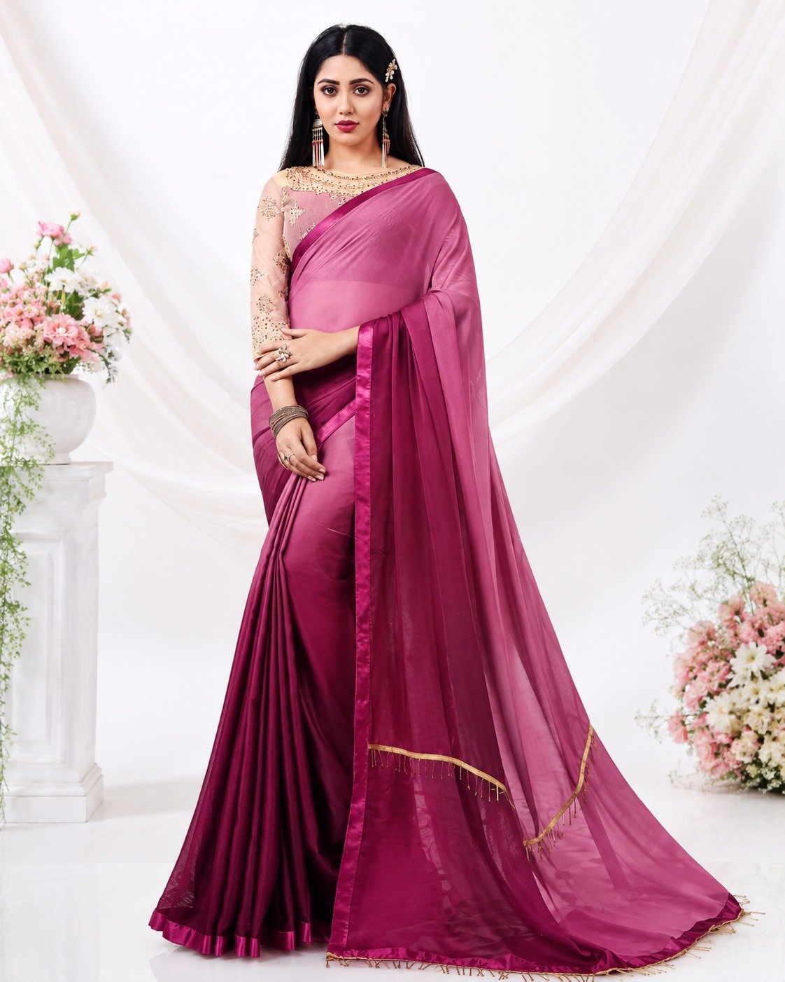 Women's Plain Chiffon Saree with Satin Border