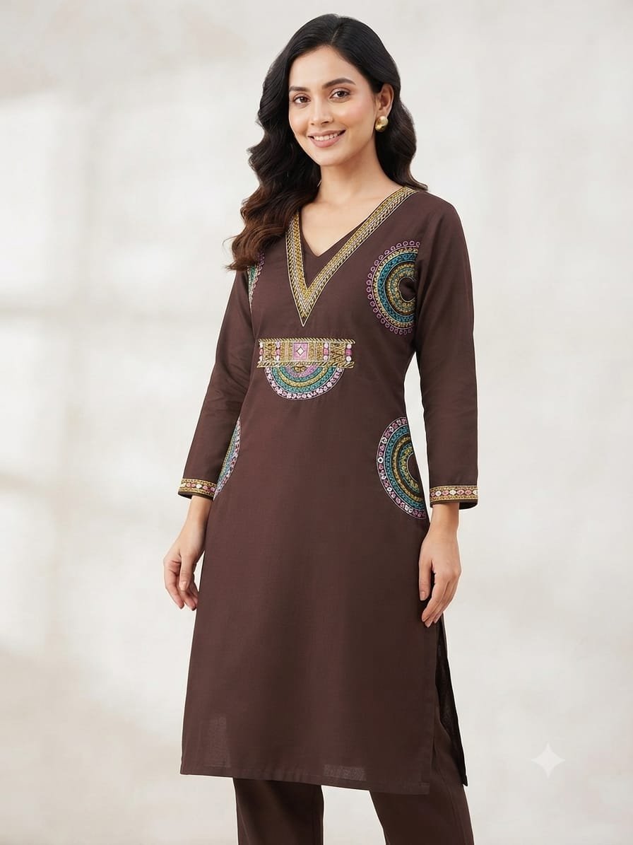Straight-cut chocolate brown ethnic kurta set