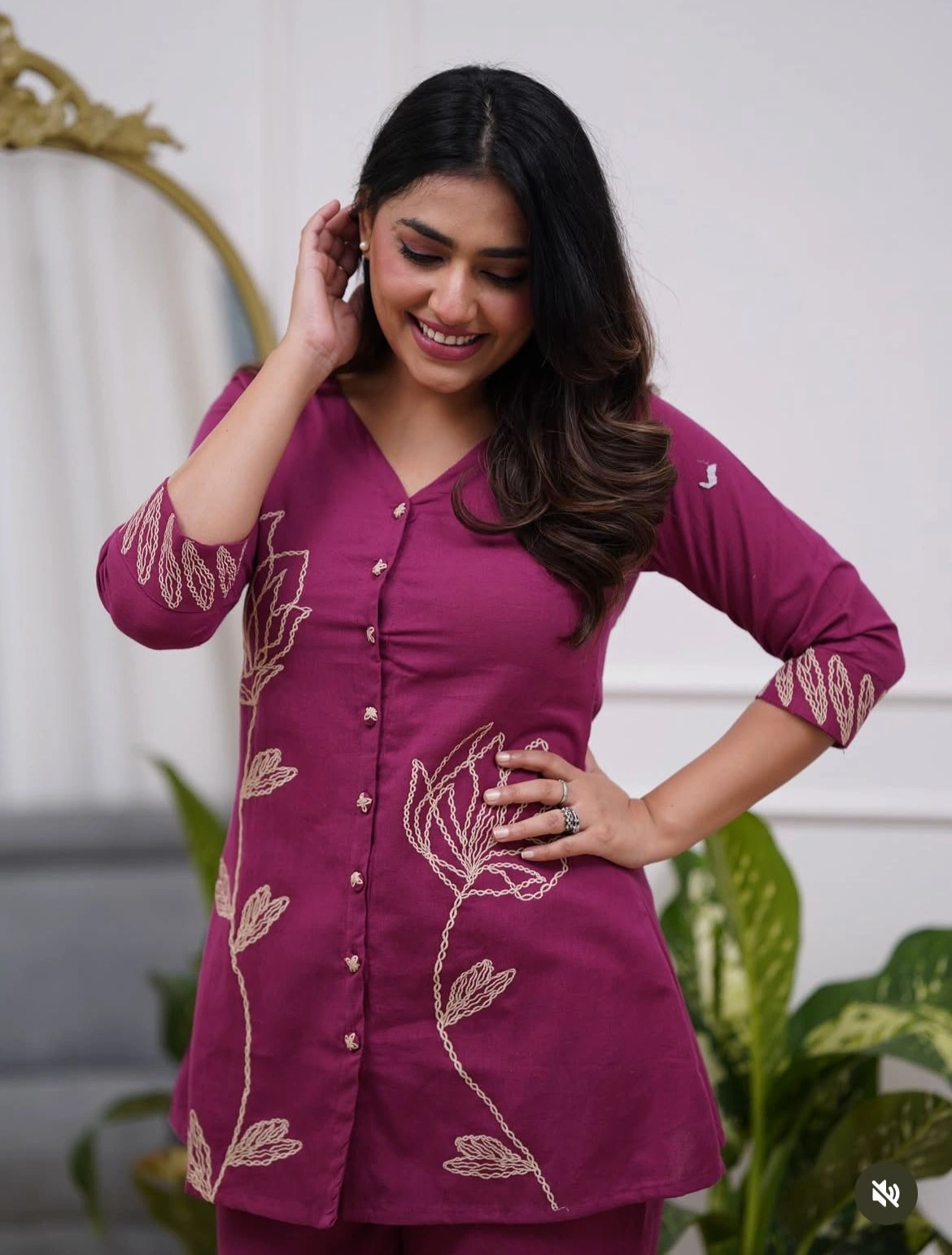 Women's Wine Embroidered Cotton Blend Co-Ord Set with Straight Pants