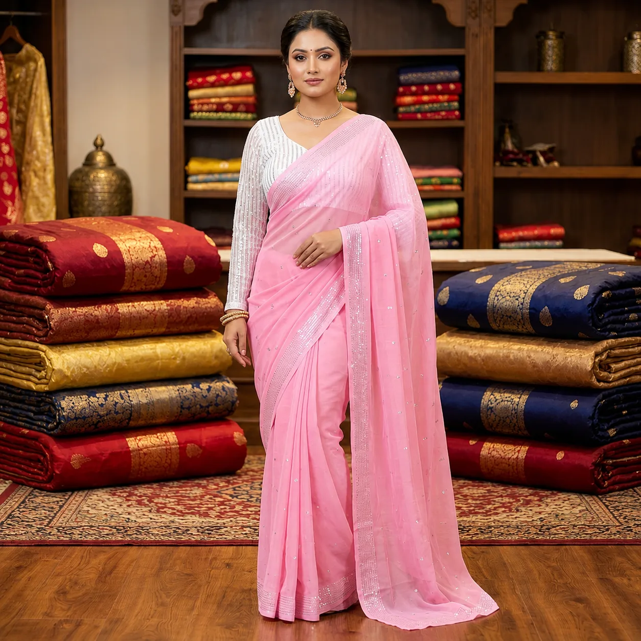 Blush Pink Handcrafted Pure Chiffon Saree – Bridal Party & Wedding Collection
