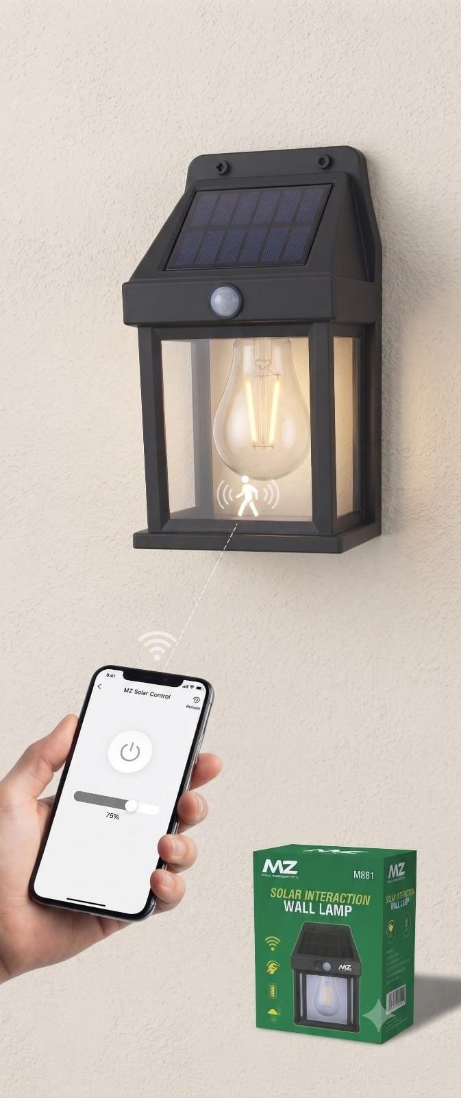 MZ Solar Interaction Wall Lamp – 600LM Outdoor Waterproof Motion Sensor Light for Home, Garden, Balcony, and Patio (Black, 1 Piece)