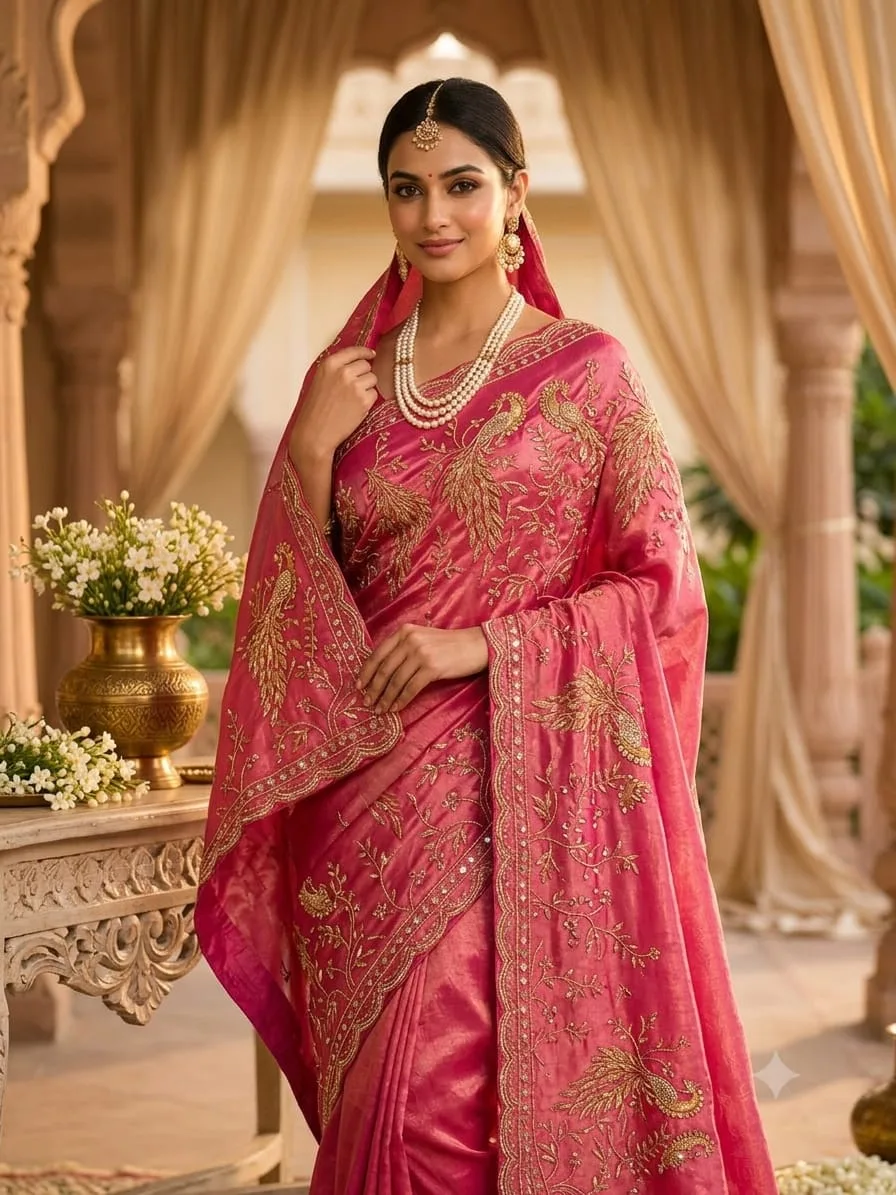 Premium Red Embroidered Silk Saree