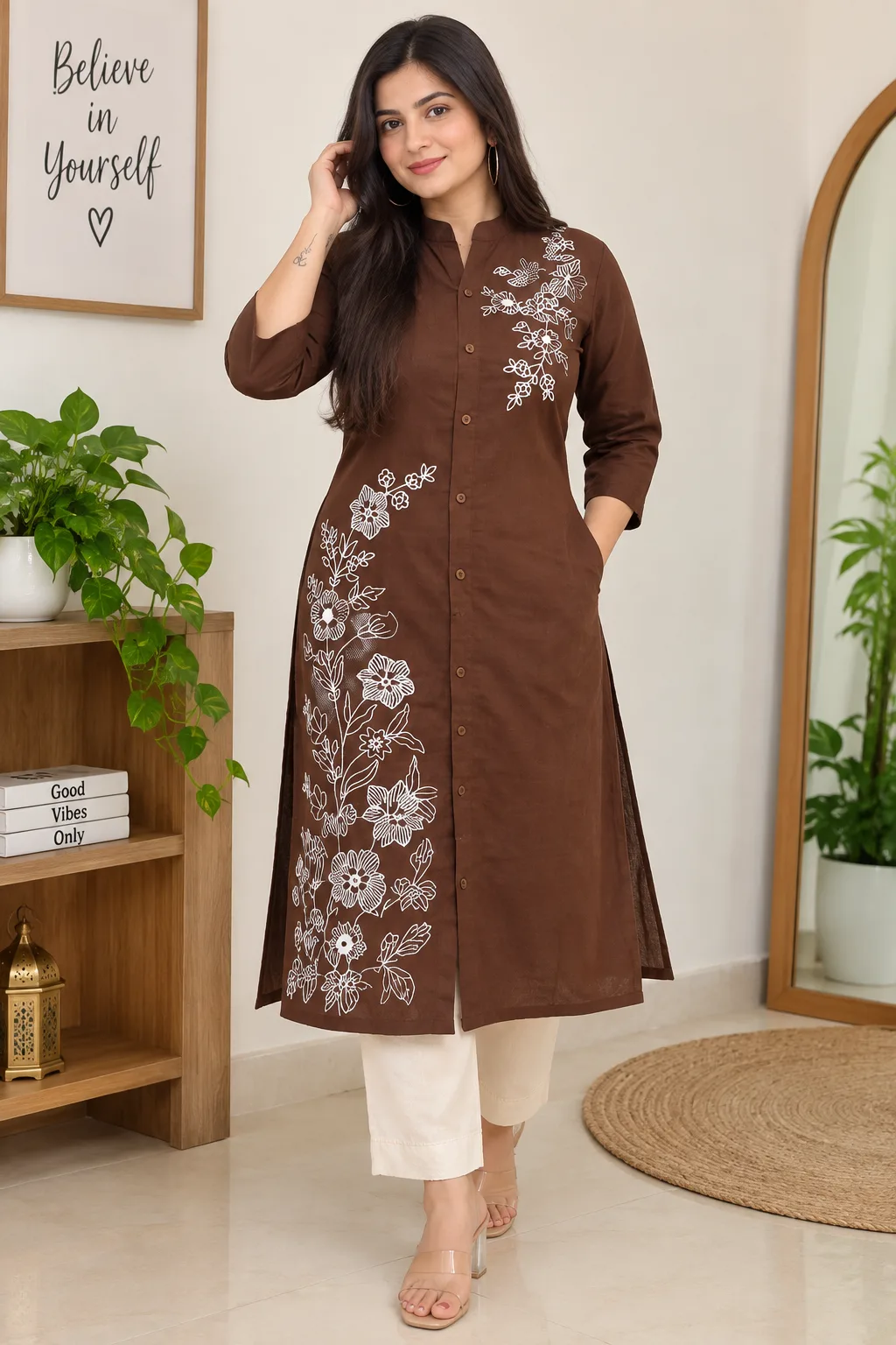 Brown Cotton Slub Embroidered A-Line Co-ord Set