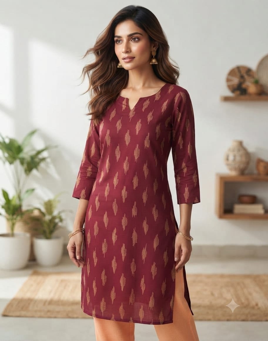 Women's Maroon Printed Straight Cotton Blend Kurti