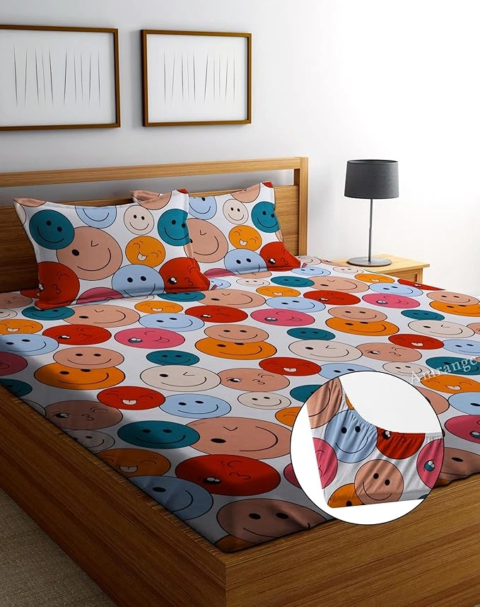 Smiley Print Elastic Fitted Bedsheet with 2 Pillow Covers – Multicolor (72 × 78 Inches)