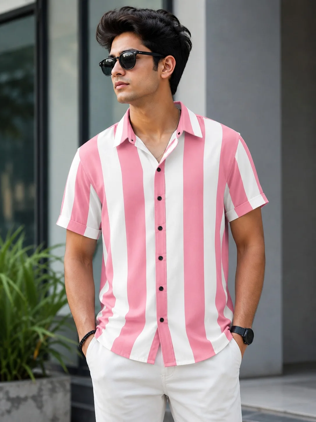 Pink & White Vertical Stripe Short Sleeve Shirt