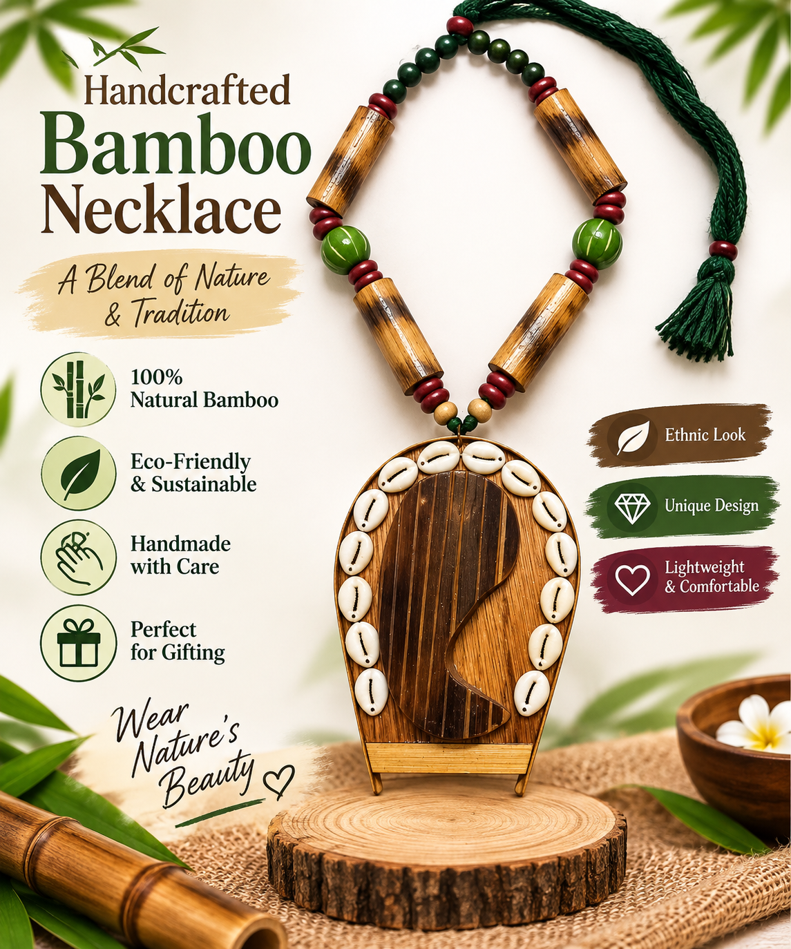 Wooden Cowrie Shell Pendant Necklace ( Without Earrings)