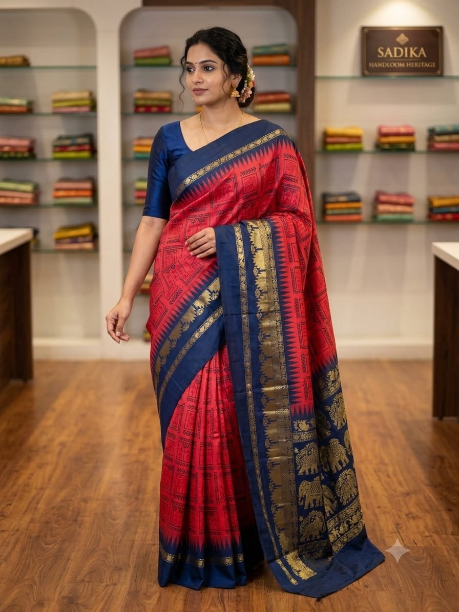 Red & Navy Blue Handloom Silk Saree with Traditional Golden Zari Border