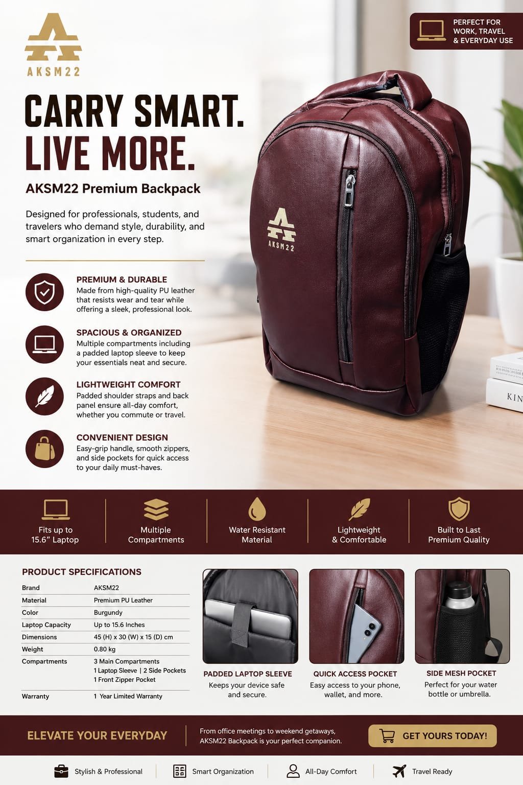 AKSM22 Premium Leather Backpack