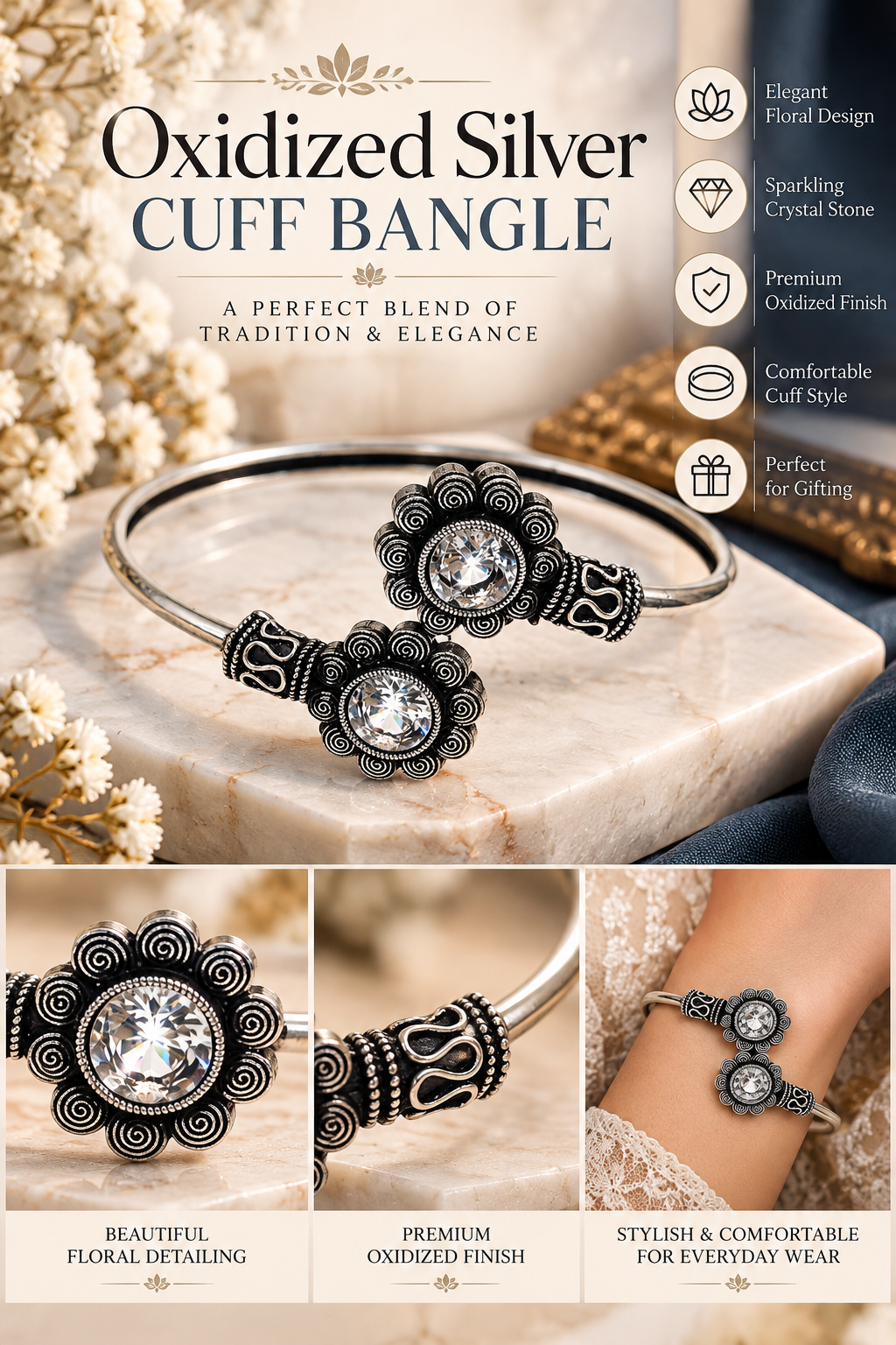 Women’s Oxidized Silver-Tone Crystal Floral Cuff Bangle – Traditional Ethnic Jewellery