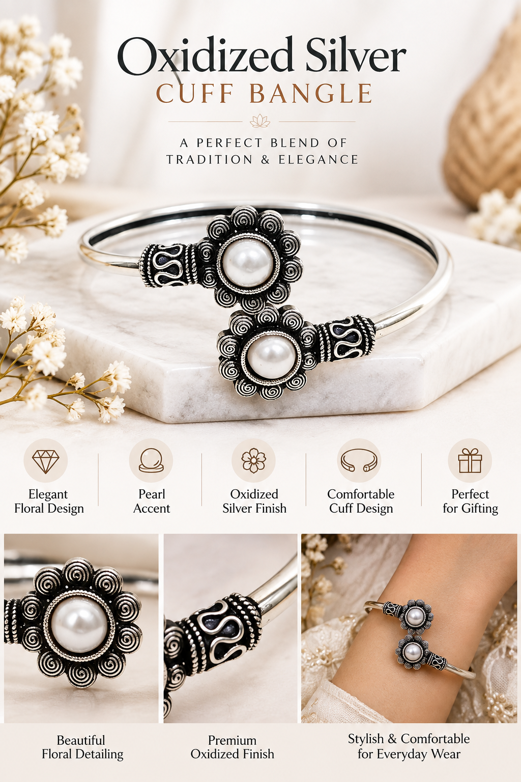 Women’s Oxidized Silver-Tone Pearl Floral Cuff Bangle – Traditional Ethnic Design