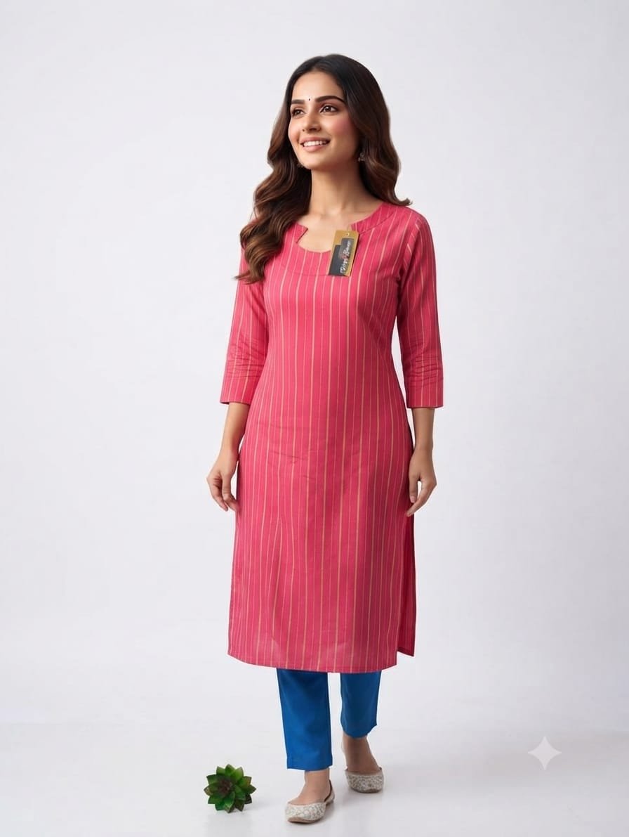 Women's Pink Vertical Striped Cotton Blend Straight Kurta
