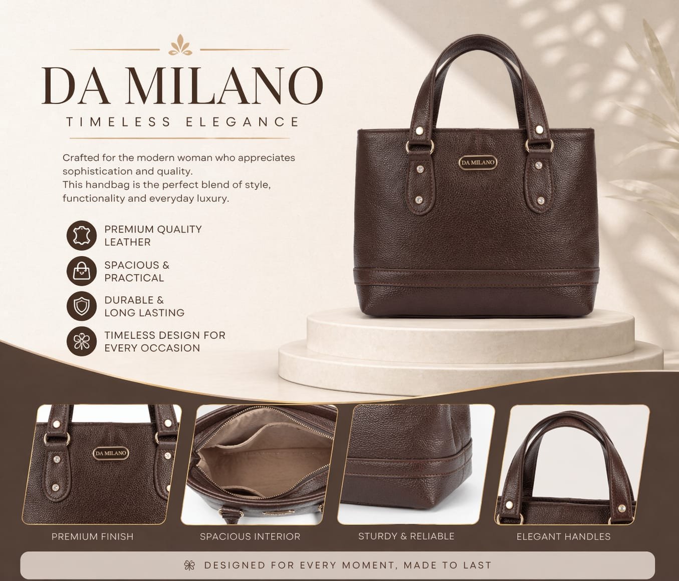 PREMIUM DARK BROWN LEATHER HANDBAG FOR WOMEN