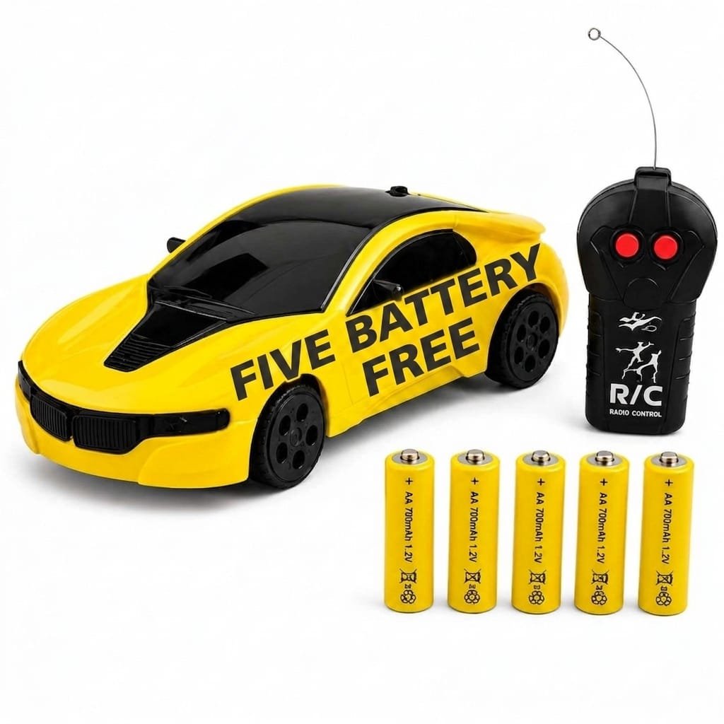 Kids Remote Control Racing Car with Wireless Controller & Free 5 Rechargeable Batteries | Yellow Sports RC Toy Car for Boys