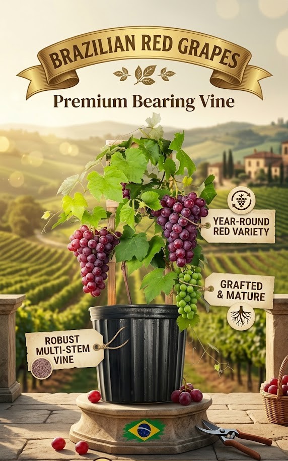 Brazilian Red Grapes Live Plant | Premium Red Grape Vine | Sweet Juicy Grapes Plant for Home Garden, Balcony & Terrace