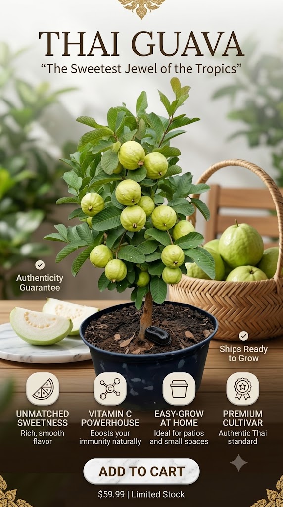 Thai Guava Live Plant | Premium Grafted Guava Tree | Sweet Crispy Fruit Plant for Home Garden, Balcony & Terrace