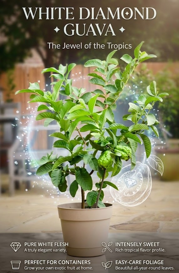 White Diamond Guava Live Plant | Premium Grafted Guava Tree | Sweet Juicy Fruit Plant for Home Garden, Balcony & Terrace